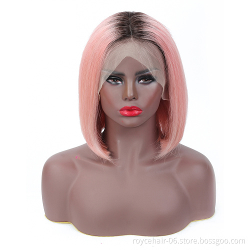 Ombre Pink Color Virgin Original Real Virgin Remy Indian Raw Human Hair Pixie Cut HD Sillk base Lace Front Straight Bob Wigs